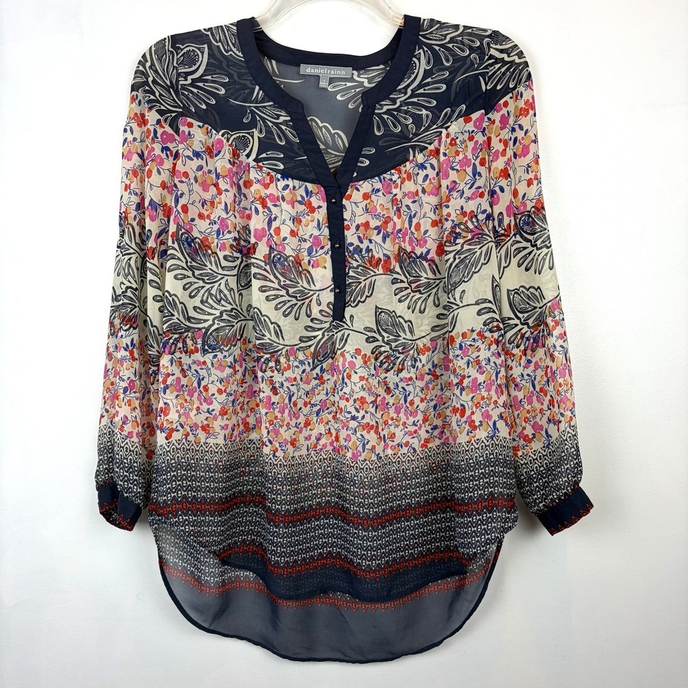 Daniel Rainn Blouse Small Boho Shirt Top Navy Oversized Bohemian Sheer Flowy